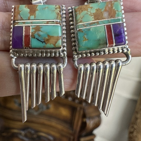 Native American Artisan LP Dangle Earrings 1.9 Inch Turquoise 925 Sterling 14.8g - Picture 5 of 9
